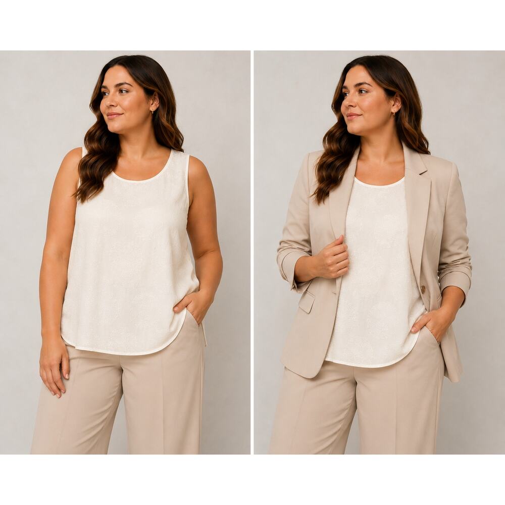Citron Santa Monica Women’s 1X Cream Embossed Sleeveless Blouse Minimalist Chic